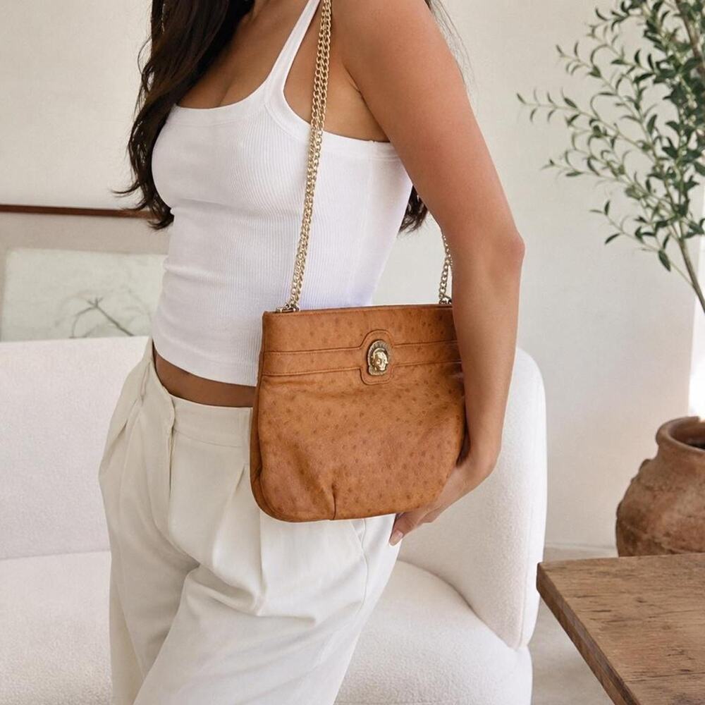 Tan leather handbag with chain